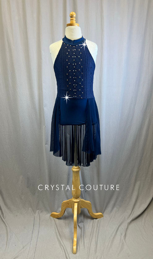 Custom Navy Lace and Mesh Halter Dress -Rhinestones