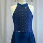 Custom Navy Lace and Mesh Halter Dress -Rhinestones