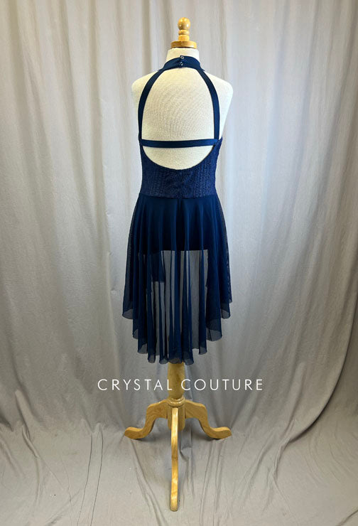 Custom Navy Lace and Mesh Halter Dress -Rhinestones