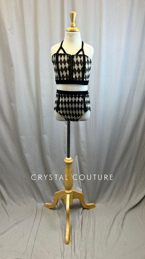 Custom Black And Cream Diamond Pattern Crop and Brief Set