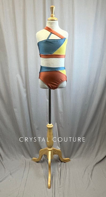 Custom Color Block Burnt Orange, Mustard, and Navy Two Piece Bra Top and Brief