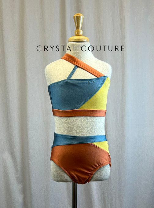 Custom Color Block Burnt Orange, Mustard, and Navy Two Piece Bra Top and Brief