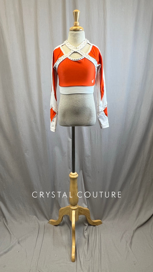 Custom Orange and White Long Sleeve Crop -Rhinestones