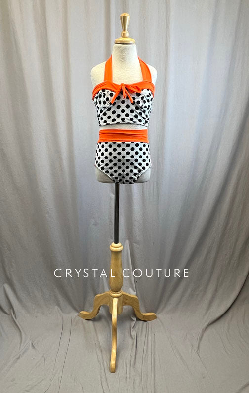 Custom Neon Orange and Black and White Polka Dot Bathing Suit Se