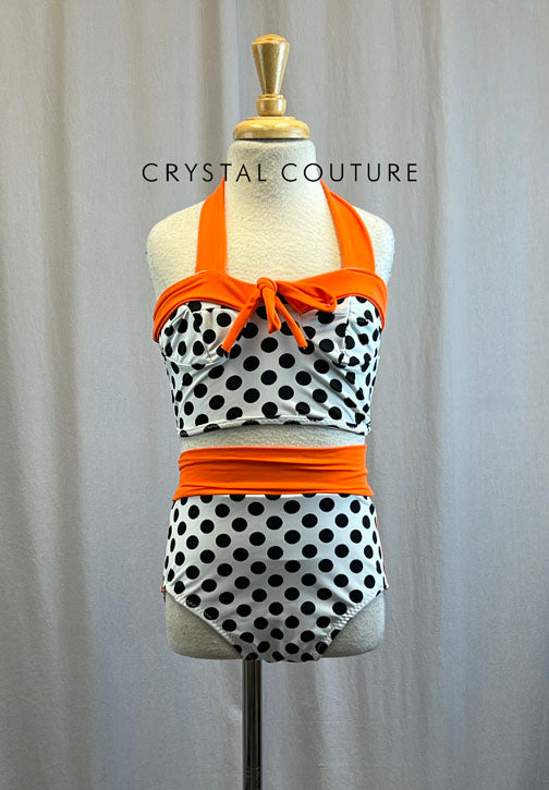 Custom Neon Orange and Black and White Polka Dot Bathing Suit Se