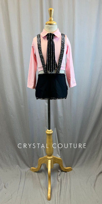 Custom Baby Pink and Black Suspenders and Skirt Set -Rhinestones, Accessories