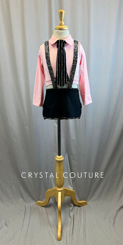 Custom Baby Pink and Black Suspenders and Skirt Set -Rhinestones, Accessories
