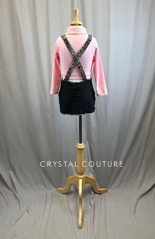Custom Baby Pink and Black Suspenders and Skirt Set -Rhinestones, Accessories