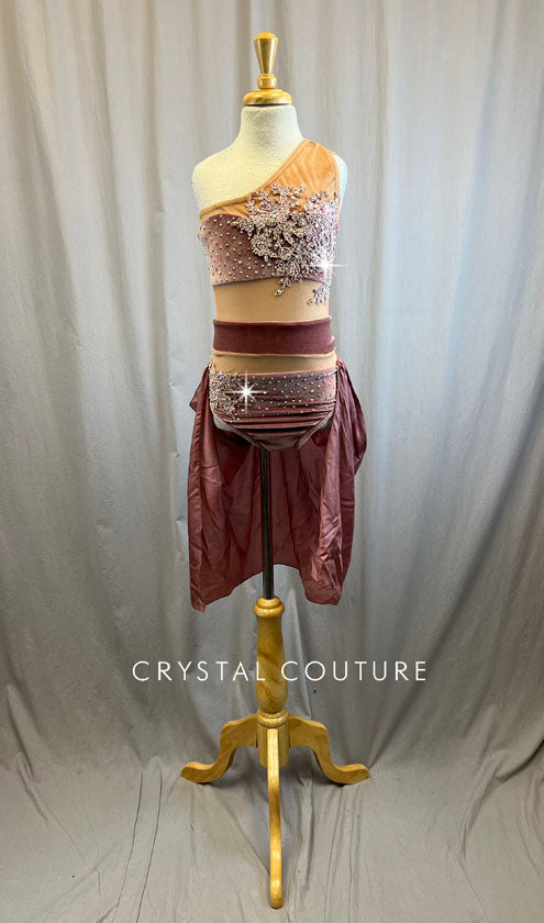 Velvet Mauve and Nude Mesh Single Shoulder Leotard with Skirt-Rhinestones, Appliques, Hairpiece