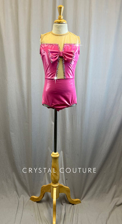 Pink Latex Leotard with Bow -Rhinestones