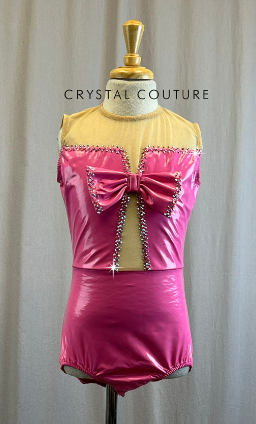 Pink Latex Leotard with Bow -Rhinestones