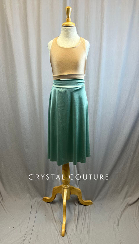 Nude Bra Top and High Slit Mint Satin Skirt -Appliques, Hairpiece