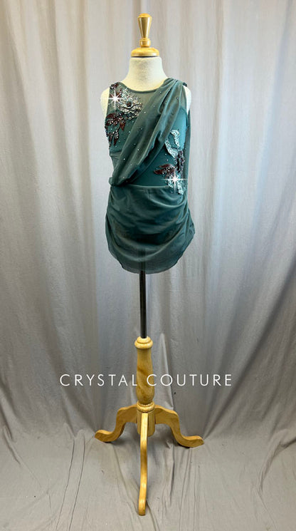 Sea Green Leotard with Draping Mesh Accents and Skirt -Rhinestones, Appliques