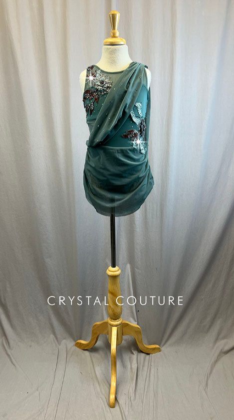 Sea Green Leotard with Draping Mesh Accents and Skirt -Rhinestones, Appliques