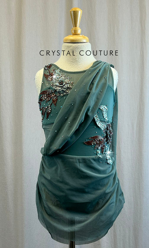 Sea Green Leotard with Draping Mesh Accents and Skirt -Rhinestones, Appliques