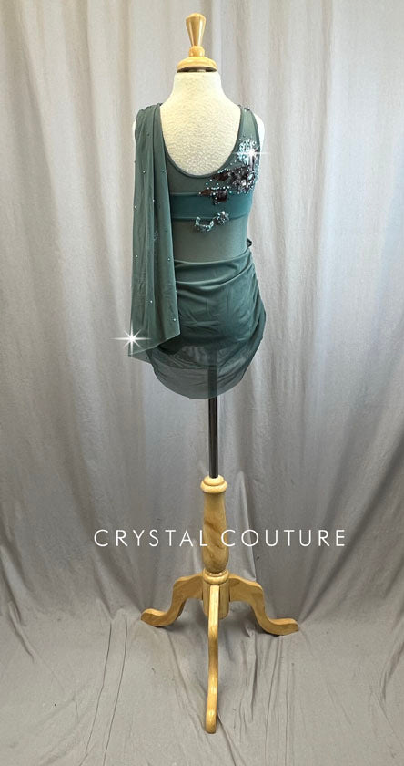 Sea Green Leotard with Draping Mesh Accents and Skirt -Rhinestones, Appliques