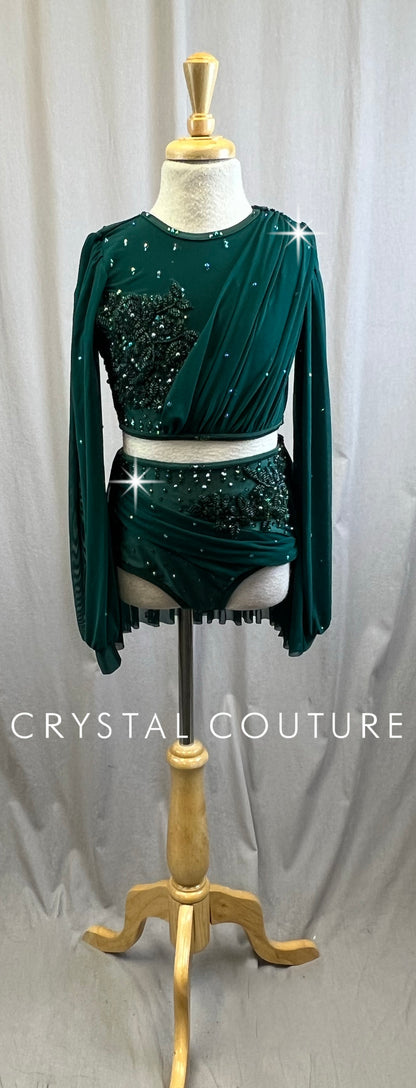 Green Mesh Long Sleeve Top and Brief Set - Rhinestones