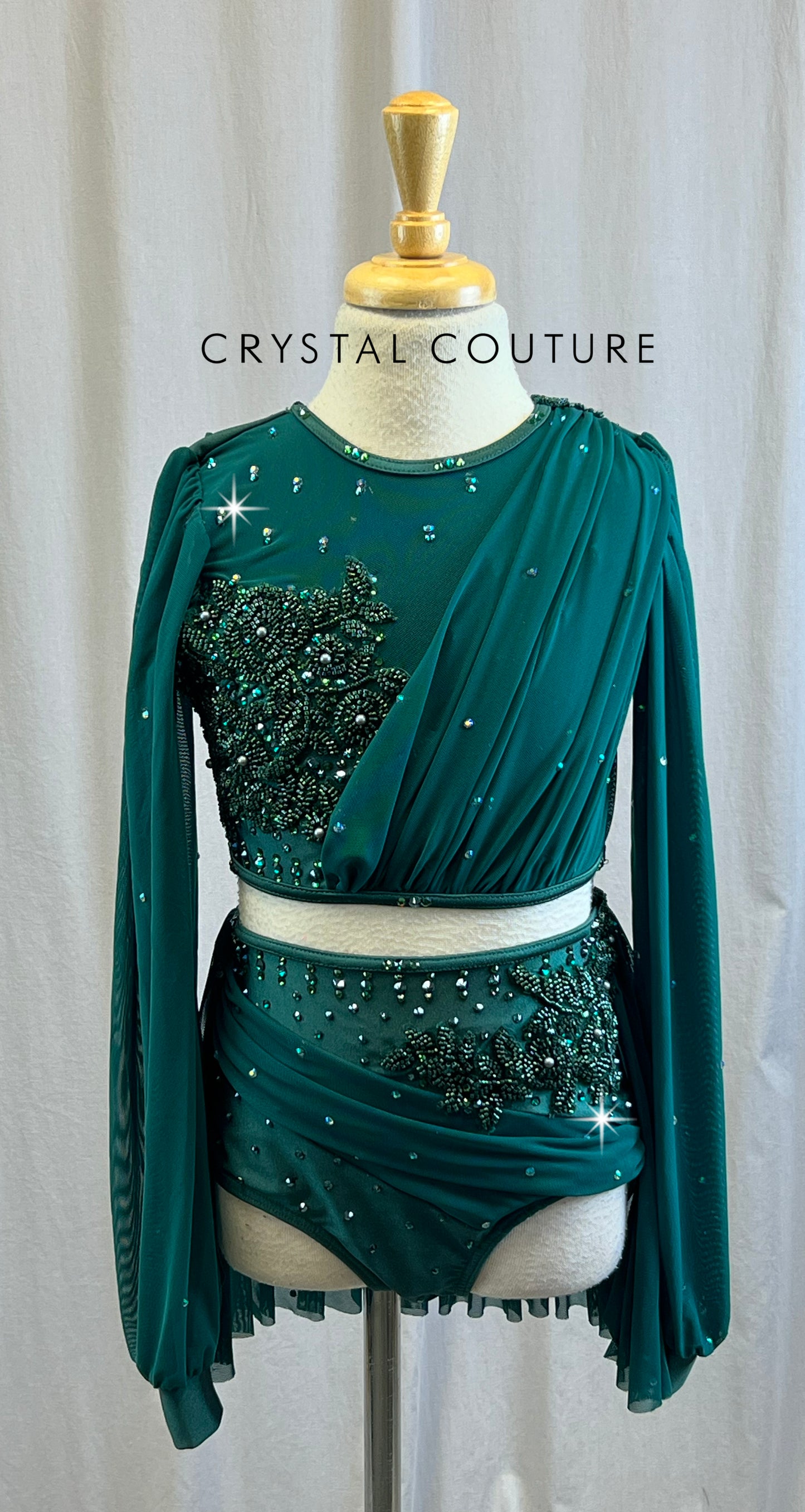Green Mesh Long Sleeve Top and Brief Set - Rhinestones