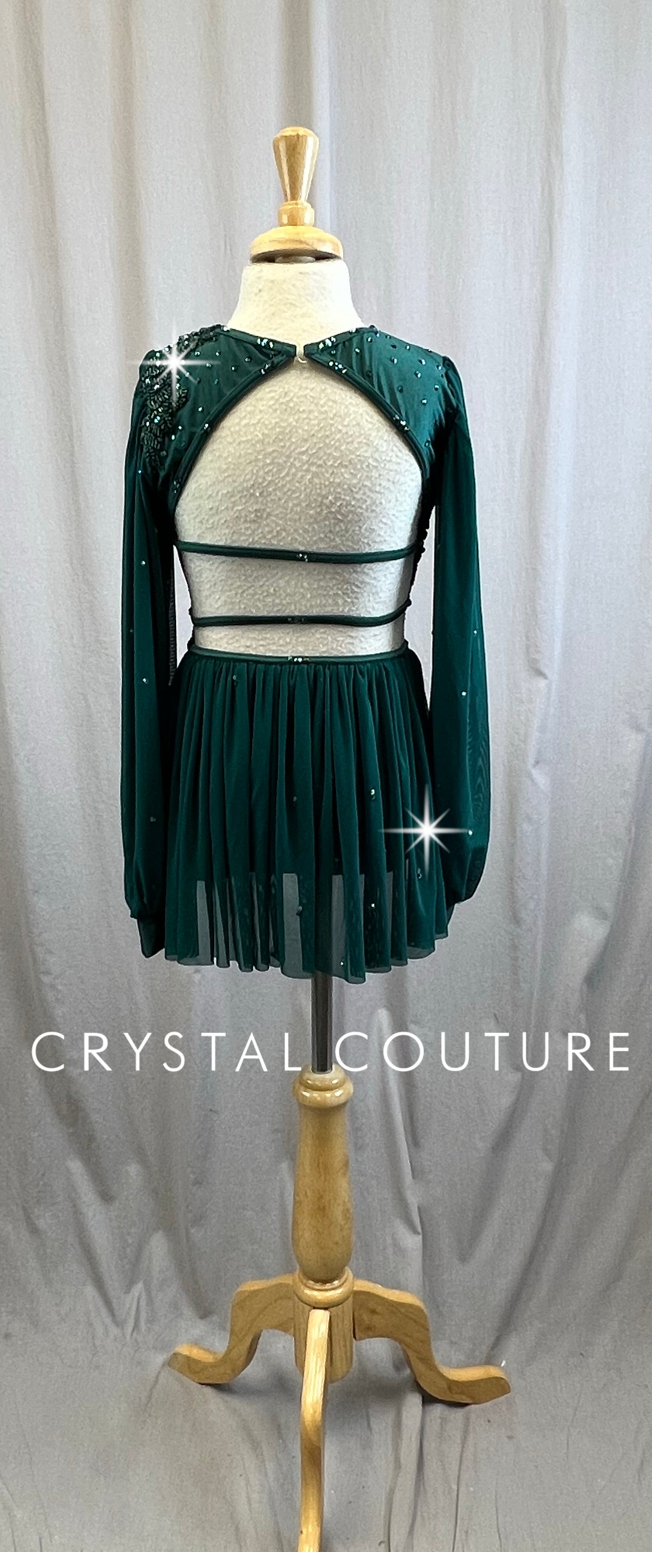 Green Mesh Long Sleeve Top and Brief Set - Rhinestones
