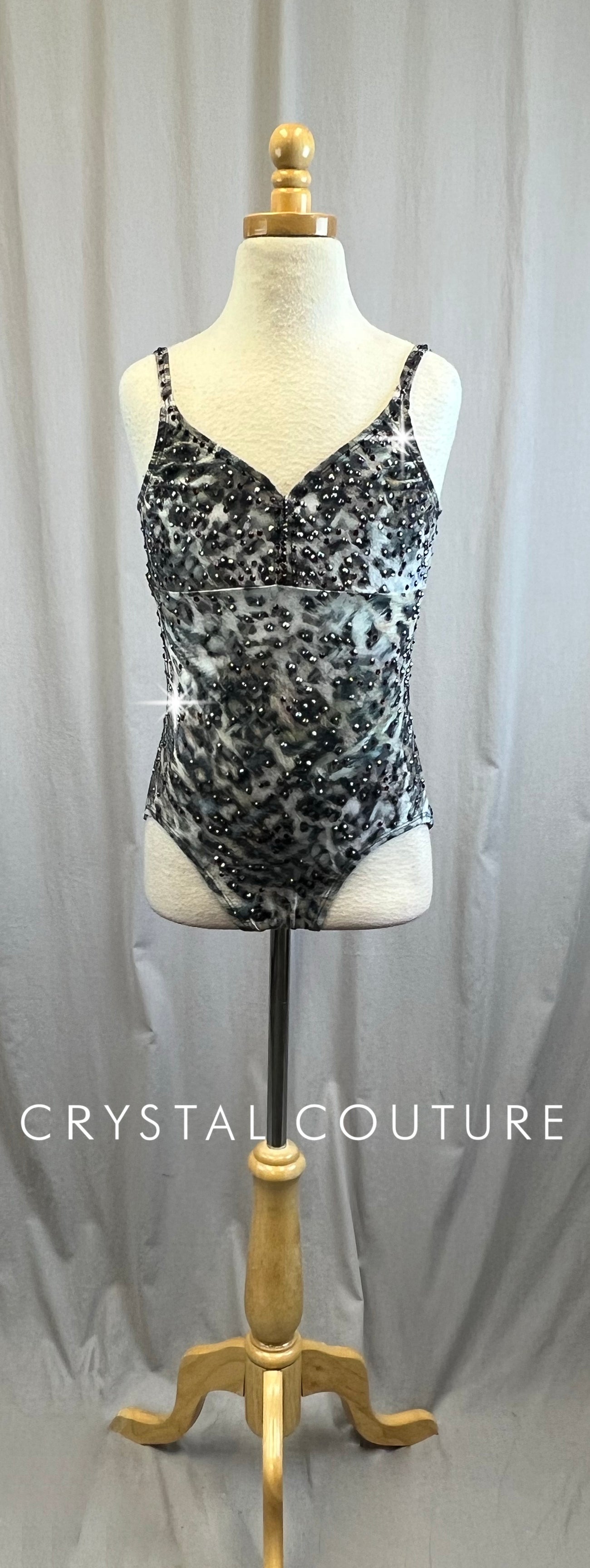 Gray Leopard Print Leotard - Rhinestones