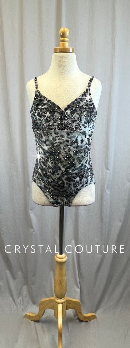 Gray Leopard Print Leotard - Rhinestones