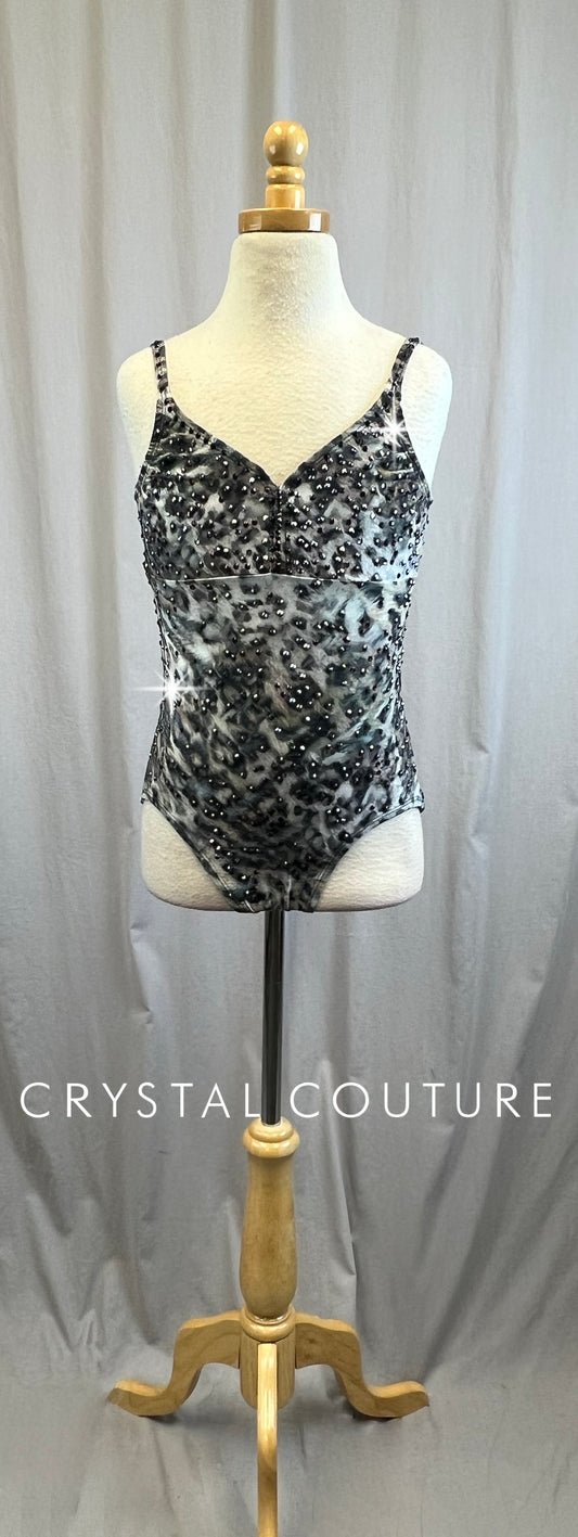 Gray Leopard Print Leotard - Rhinestones