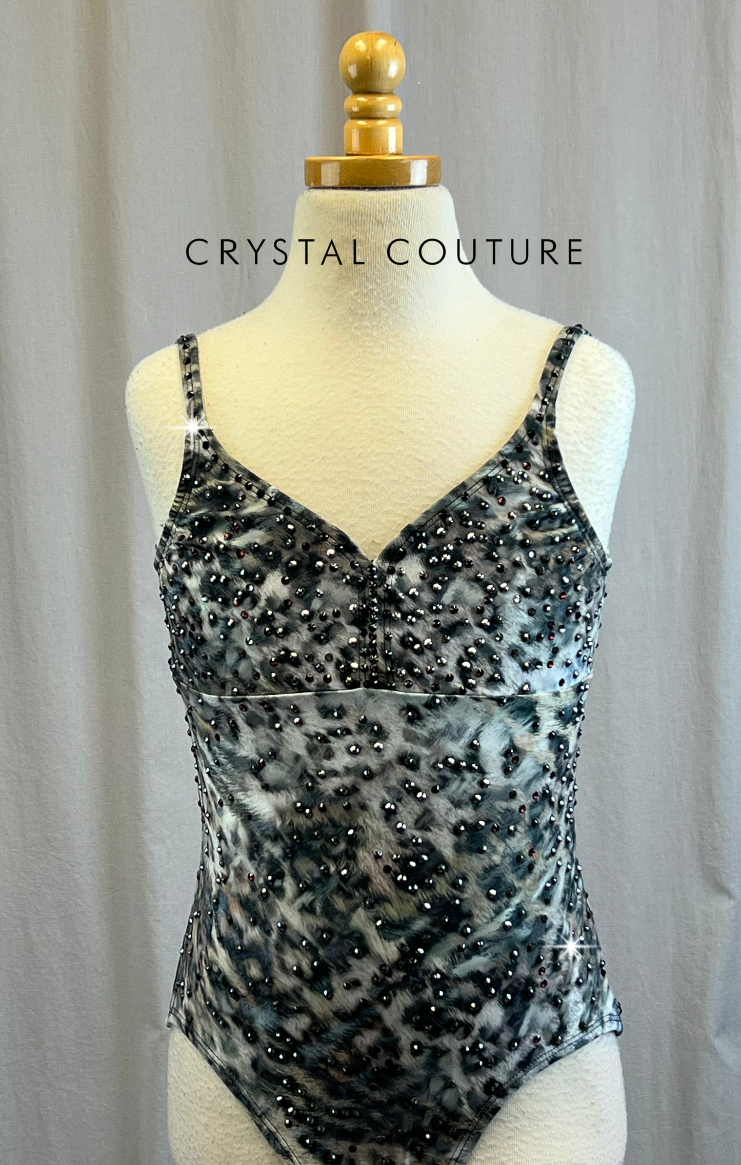 Gray Leopard Print Leotard - Rhinestones