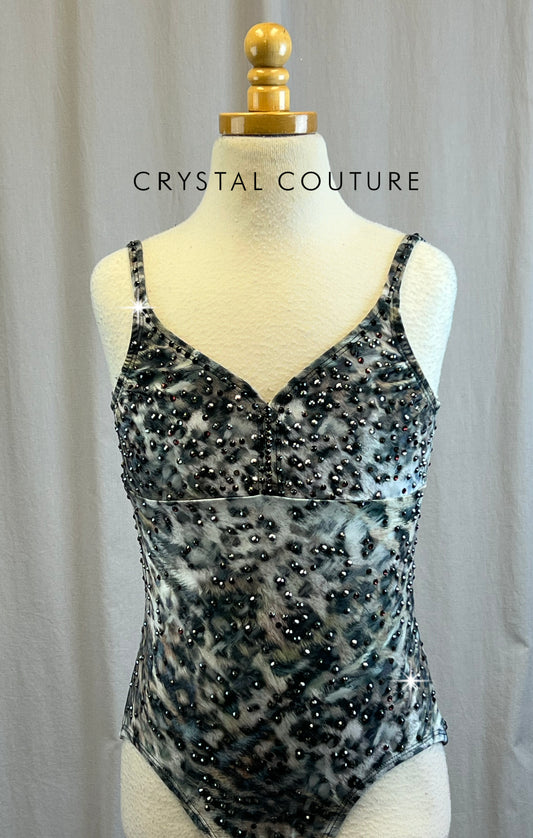 Gray Leopard Print Leotard - Rhinestones