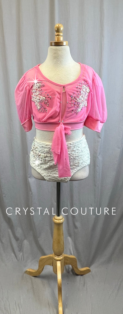 Pink and Ivory Crop Top and Brief Set - Rhinestones
