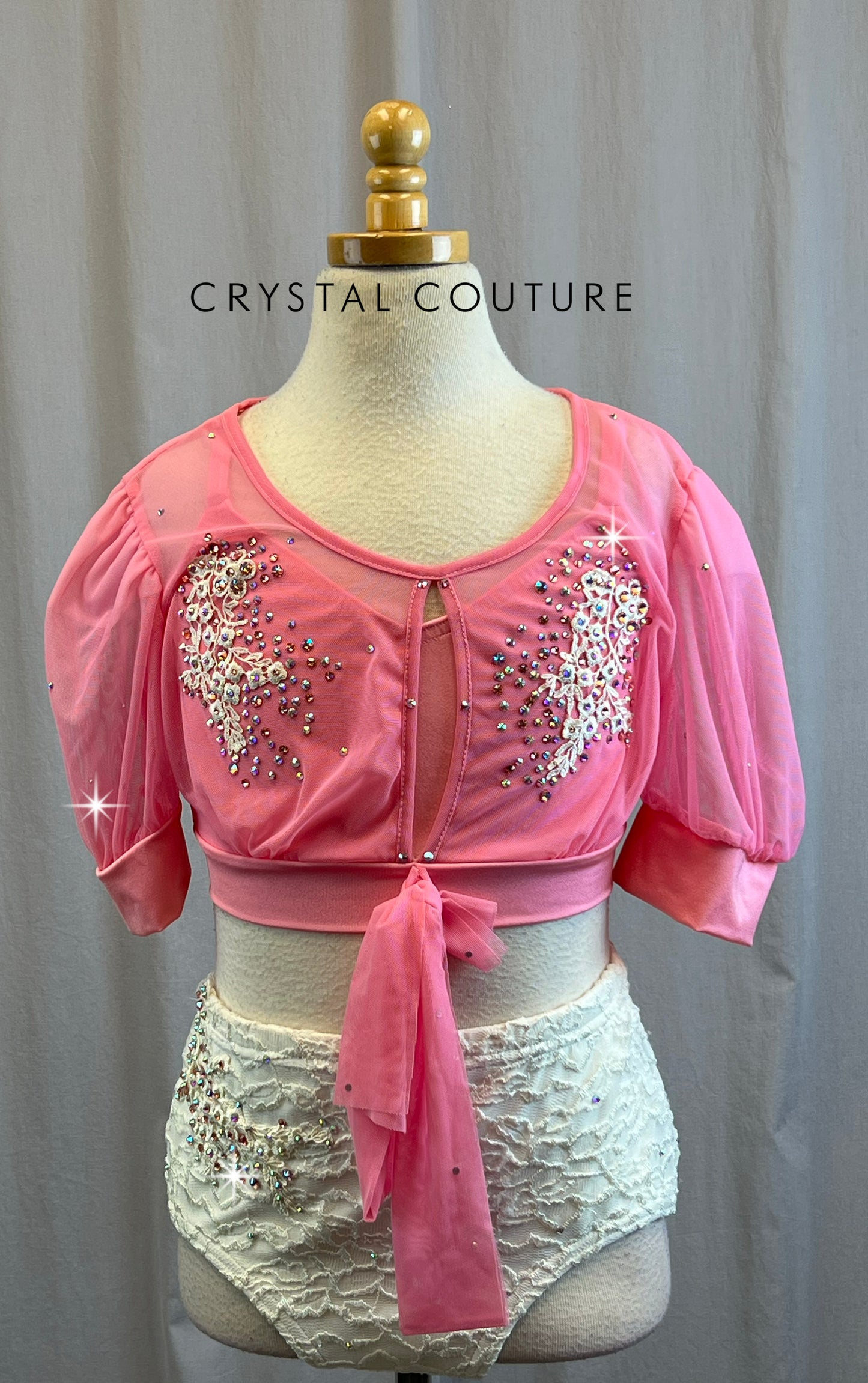 Pink and Ivory Crop Top and Brief Set - Rhinestones