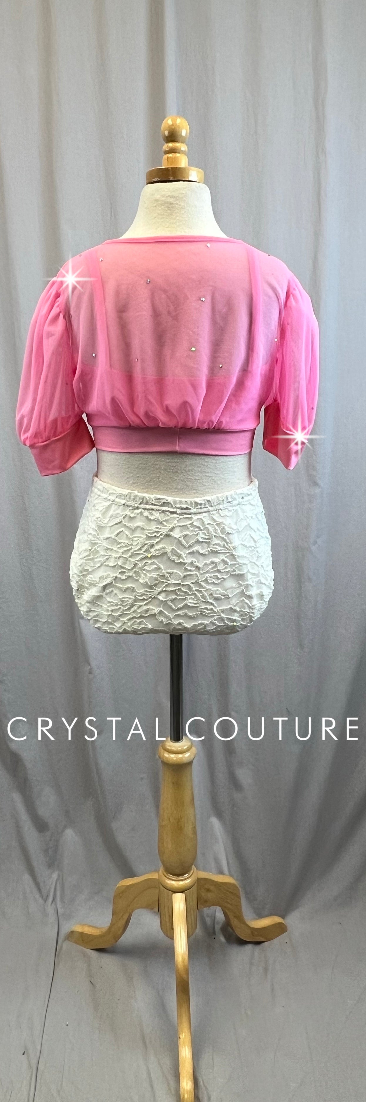 Pink and Ivory Crop Top and Brief Set - Rhinestones