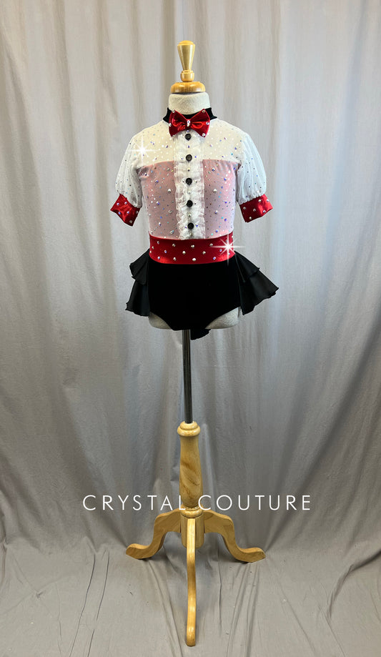 White, Red and Black Leotard with Half Skirt - Rhinestones