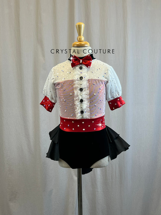 White, Red and Black Leotard with Half Skirt - Rhinestones