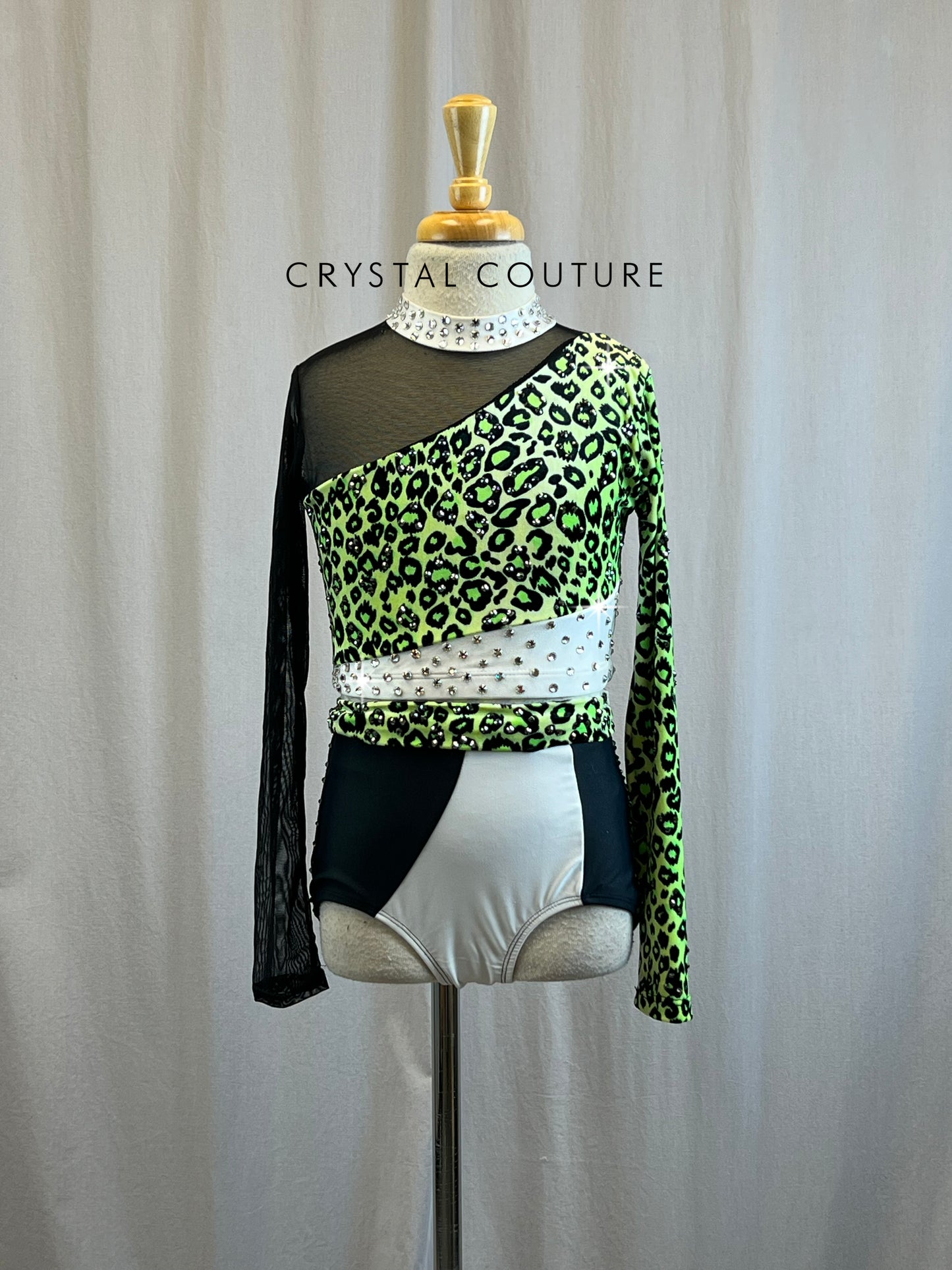 Black, Green, and White Leopard Print Two Piece - Rhinestones