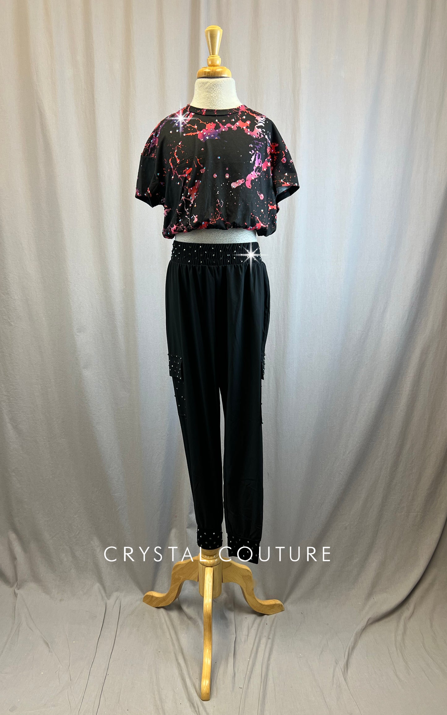 Black with Pink and Purple splatter design two piece, Black Cargo pants - Rhinestones