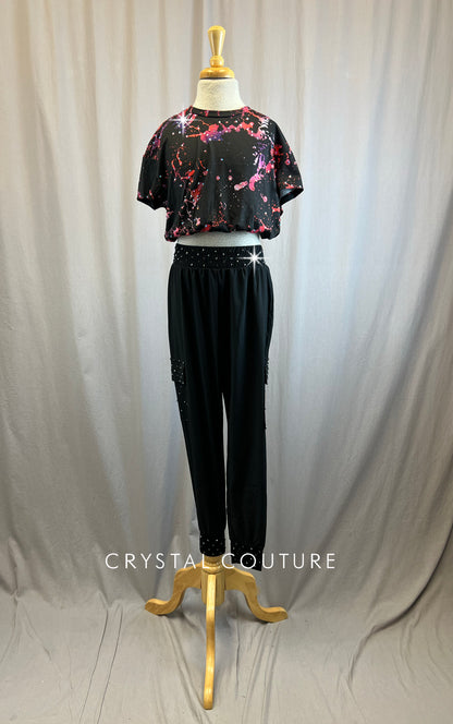 Black with Pink and Purple splatter design two piece, Black Cargo pants - Rhinestones
