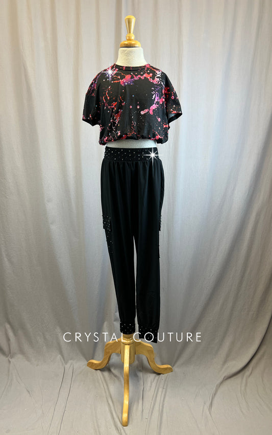 Black with Pink and Purple splatter design two piece, Black Cargo pants - Rhinestones
