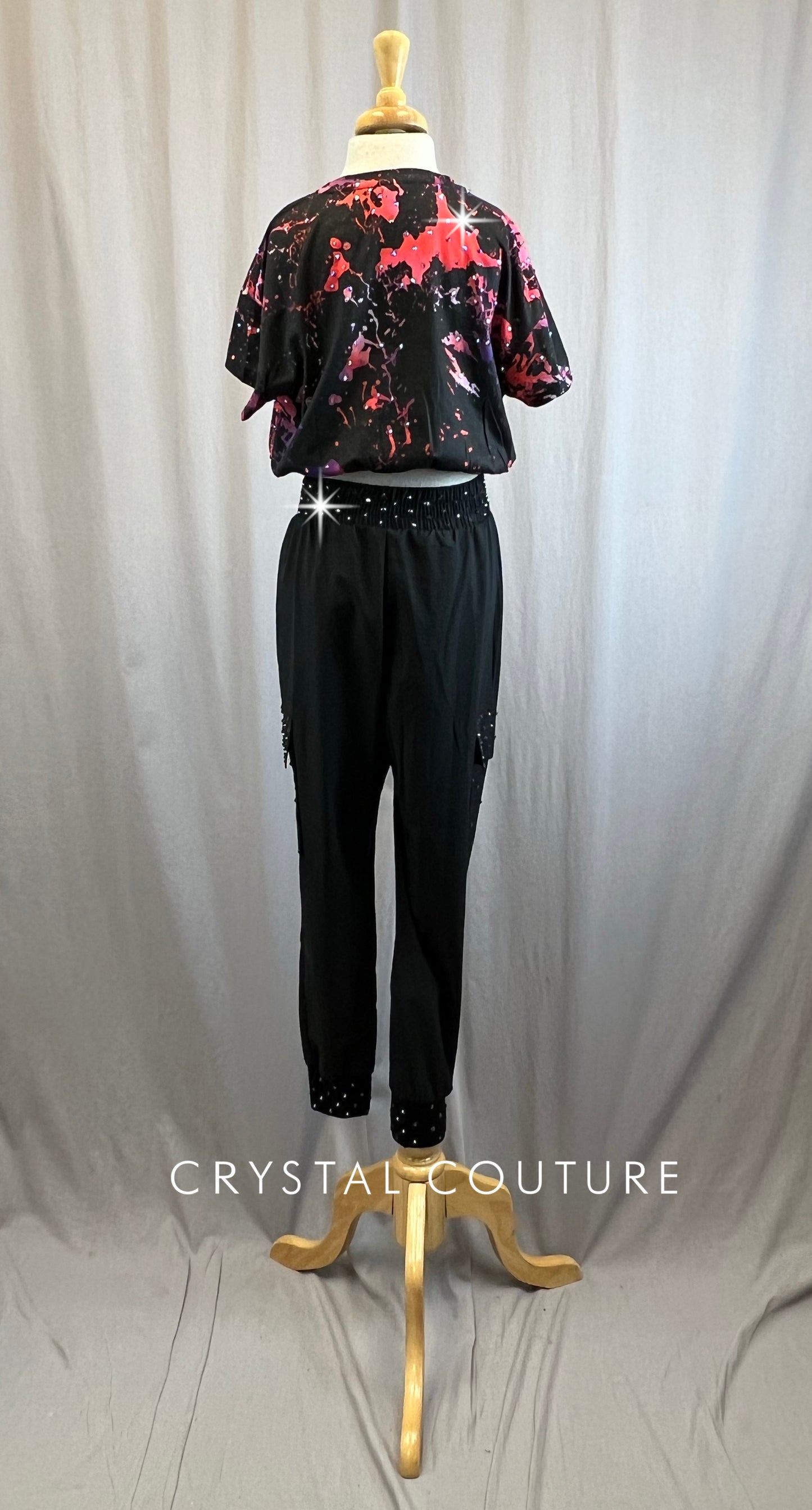 Black with Pink and Purple splatter design two piece, Black Cargo pants - Rhinestones