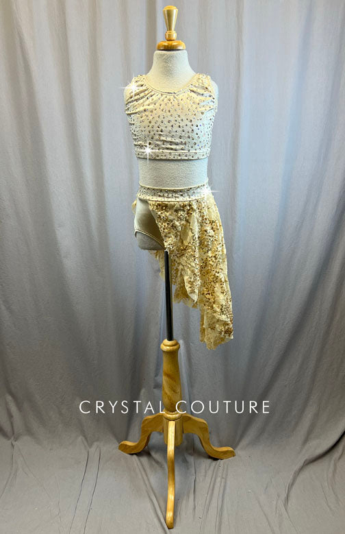 Cream Two Piece with Lace Asymmetrical Skirt - Rhinestones