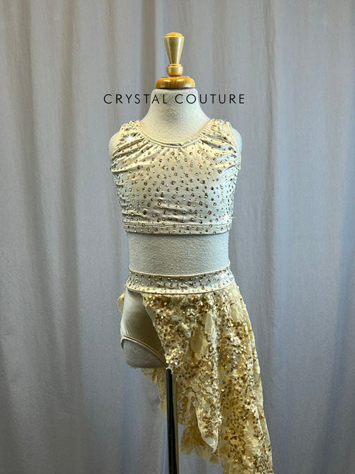 Cream Two Piece with Lace Asymmetrical Skirt - Rhinestones
