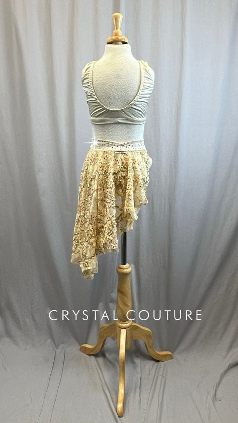 Cream Two Piece with Lace Asymmetrical Skirt - Rhinestones