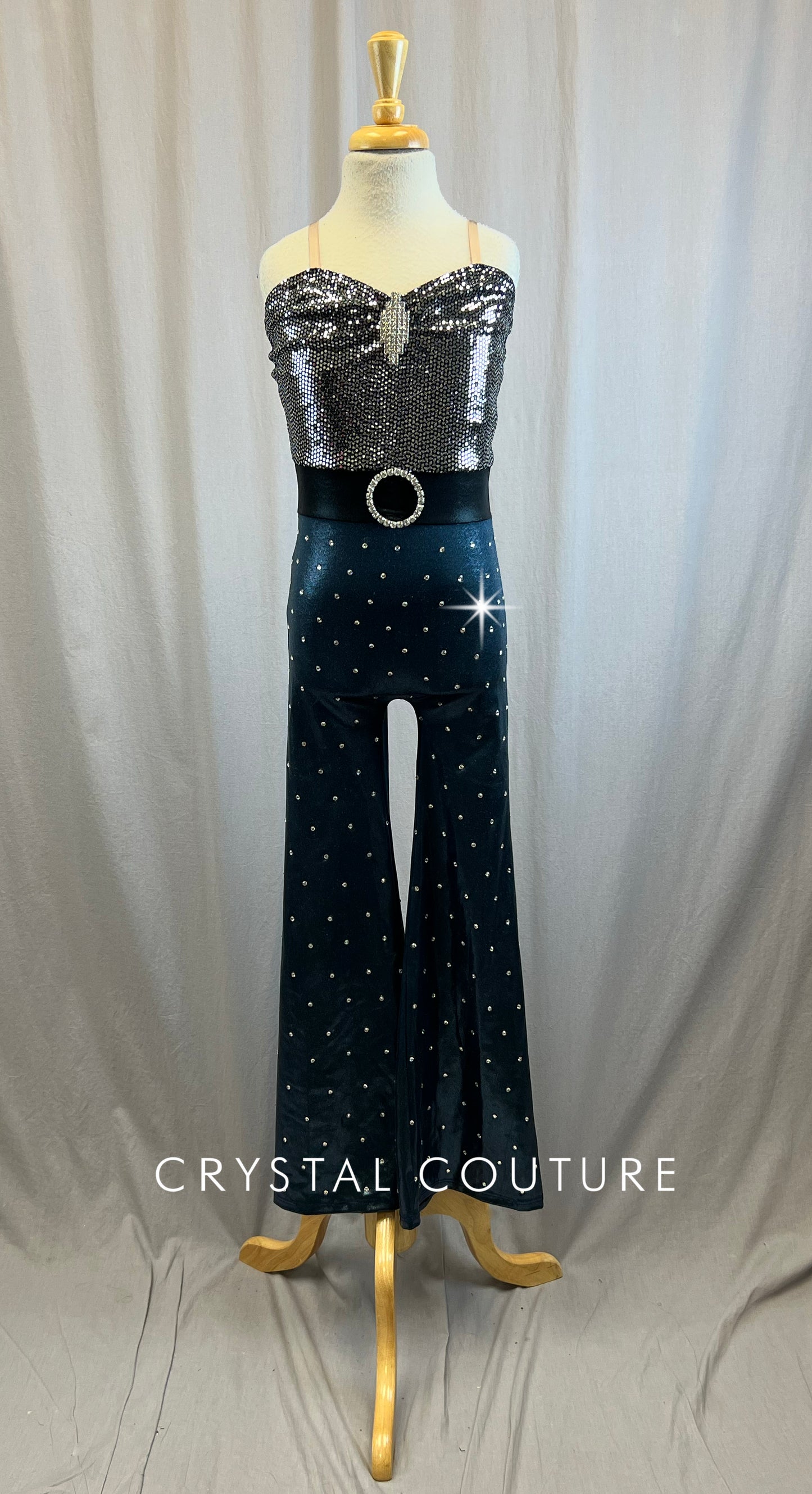 Silver, Black and Blue Unitard with spangles on top - Rhinestone