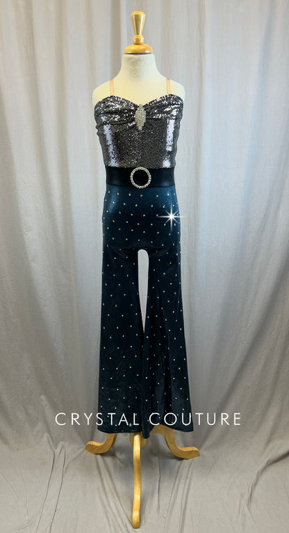 Silver, Black and Blue Unitard with spangles on top - Rhinestone