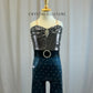 Silver, Black and Blue Unitard with spangles on top - Rhinestone