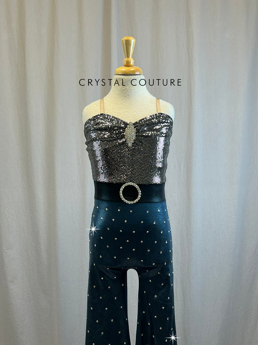 Silver, Black and Blue Unitard with spangles on top - Rhinestone