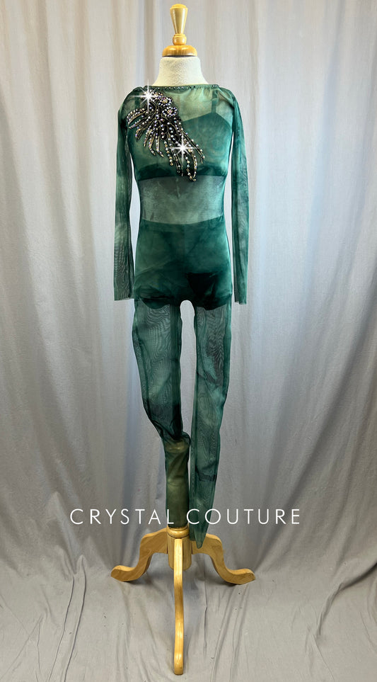 Green Tie-dye Mesh Unitard, with Dark Green Two Piece set