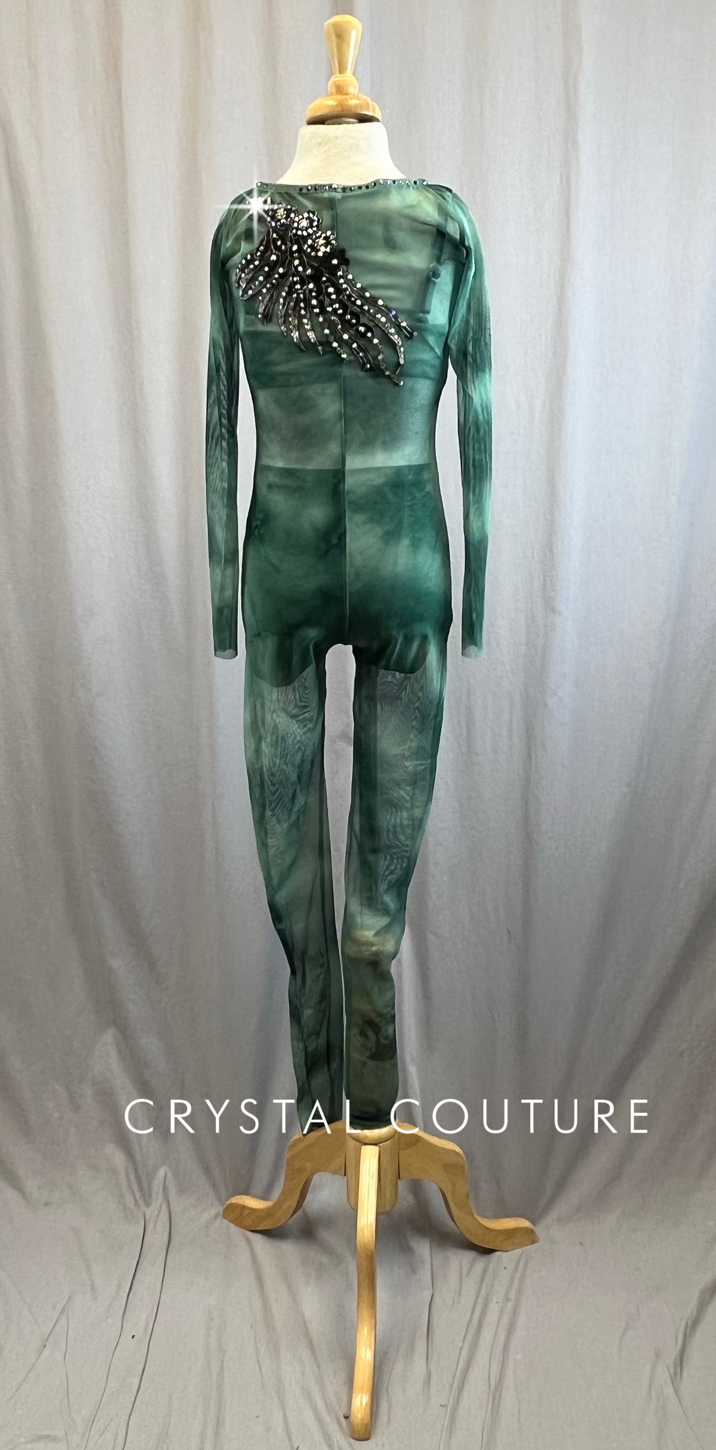 Green Tie-dye Mesh Unitard, with Dark Green Two Piece set