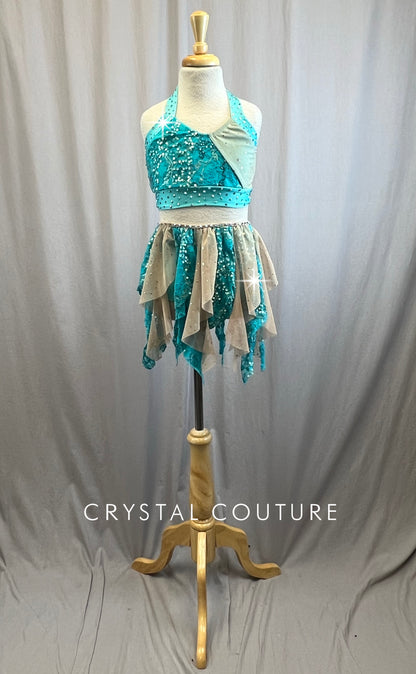 Blue and Nude halter neck Two Piece- Rhinestones