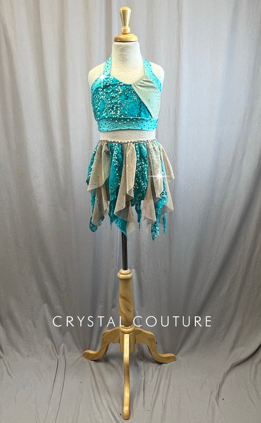 Blue and Nude halter neck Two Piece- Rhinestones