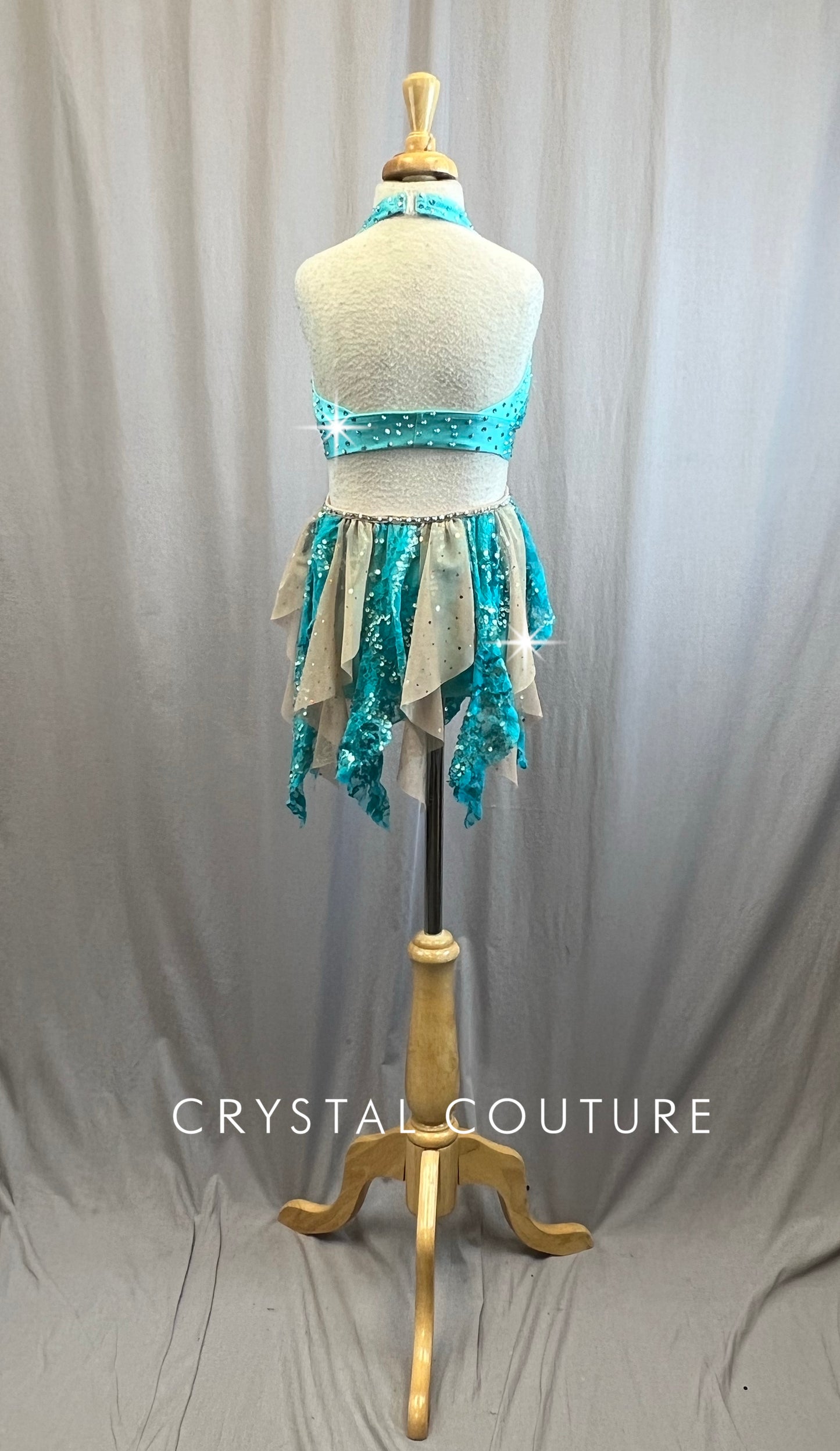 Blue and Nude halter neck Two Piece- Rhinestones